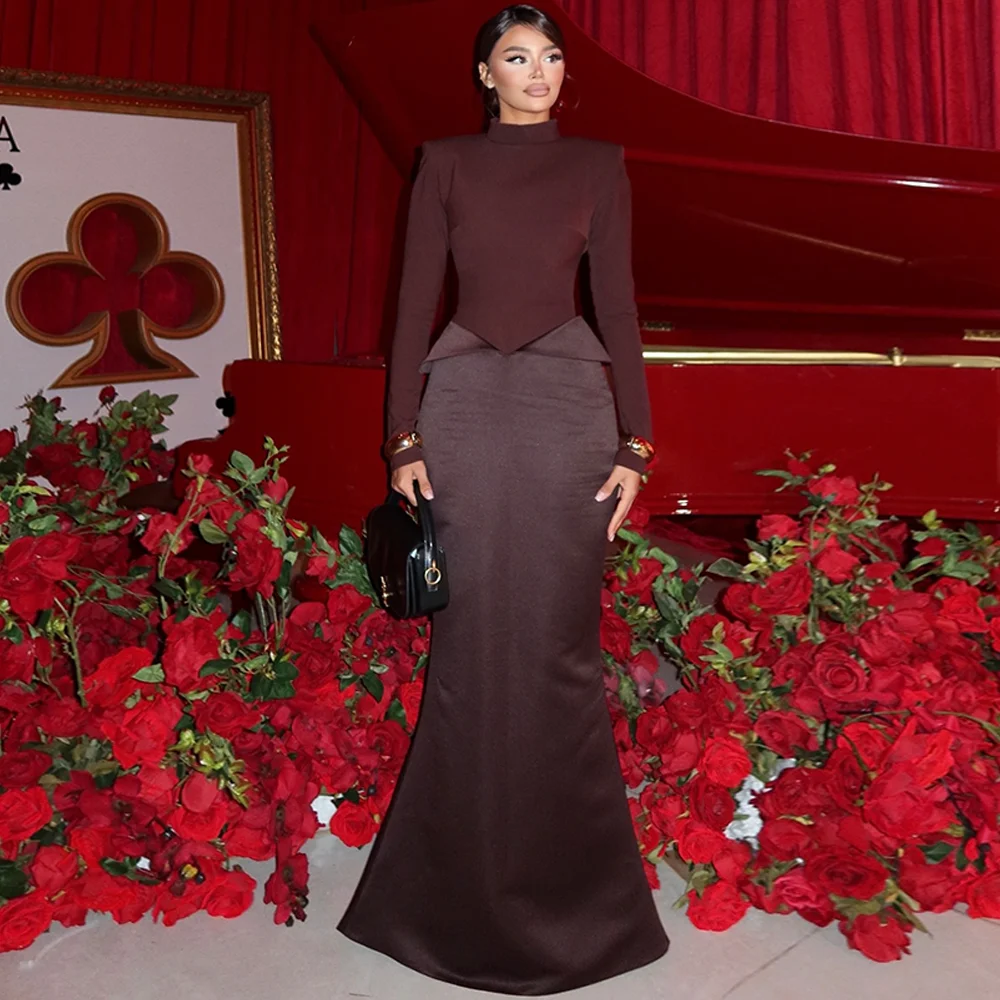 

Simple Jersey and Satin Mermaid Customized Evening Dress High Collar Long Sleeves Homecoming Dresses Backless Celebrity Gowns