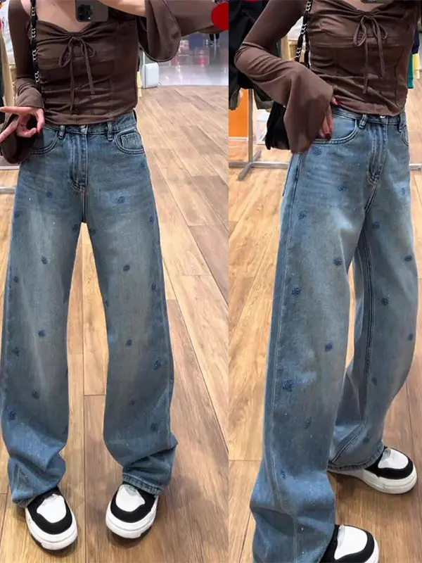 

Spring 2026 plus Size High Waist Slim Straight Jeans Embroidered Floor-Length Pants for Pear aped Women Wear Resistant