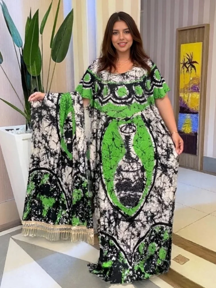 

2025 New Fashion Loose Breathable Hot Diamond Large Scarf Ethnic Cloth Robe African Summer Printed Women's Cotton Dress