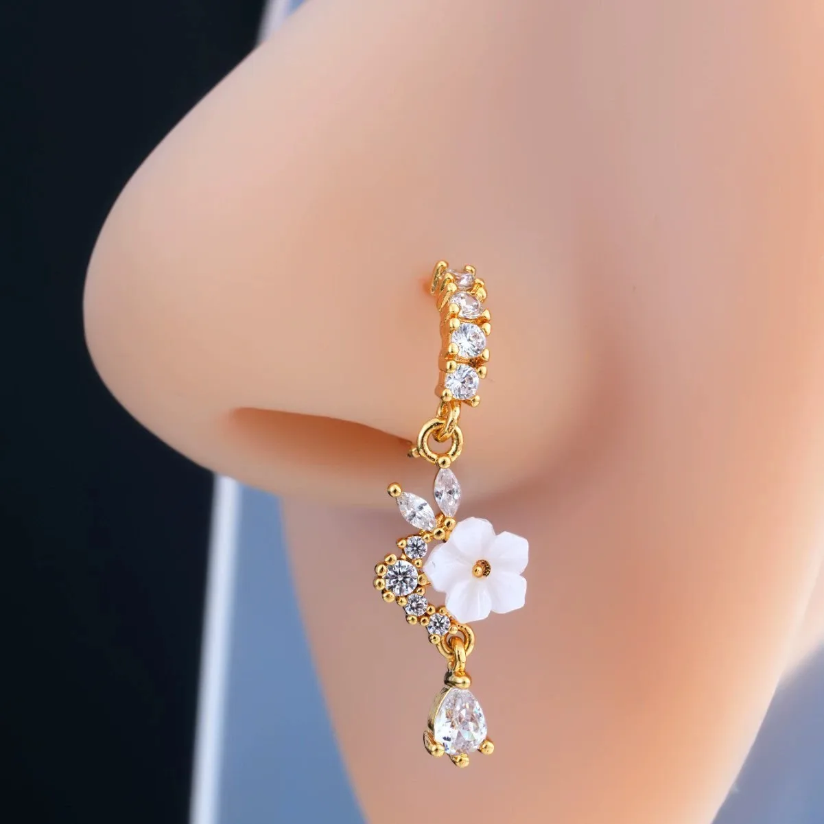 Fairycore Nose Ring Aesthetic Floral Nose Cuff Sparkling Teardrop Dangle Stud L Shaped Nose Piercing Group for Women Girls