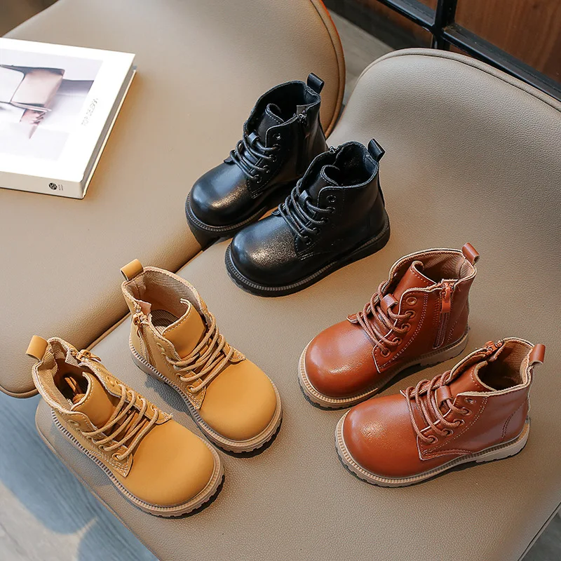 2026 Autumn and Winter Children's Shoes Waterproof PU Leather Children's Boots Fashion Toddler Lace-up Zip High Boots Boys Girls