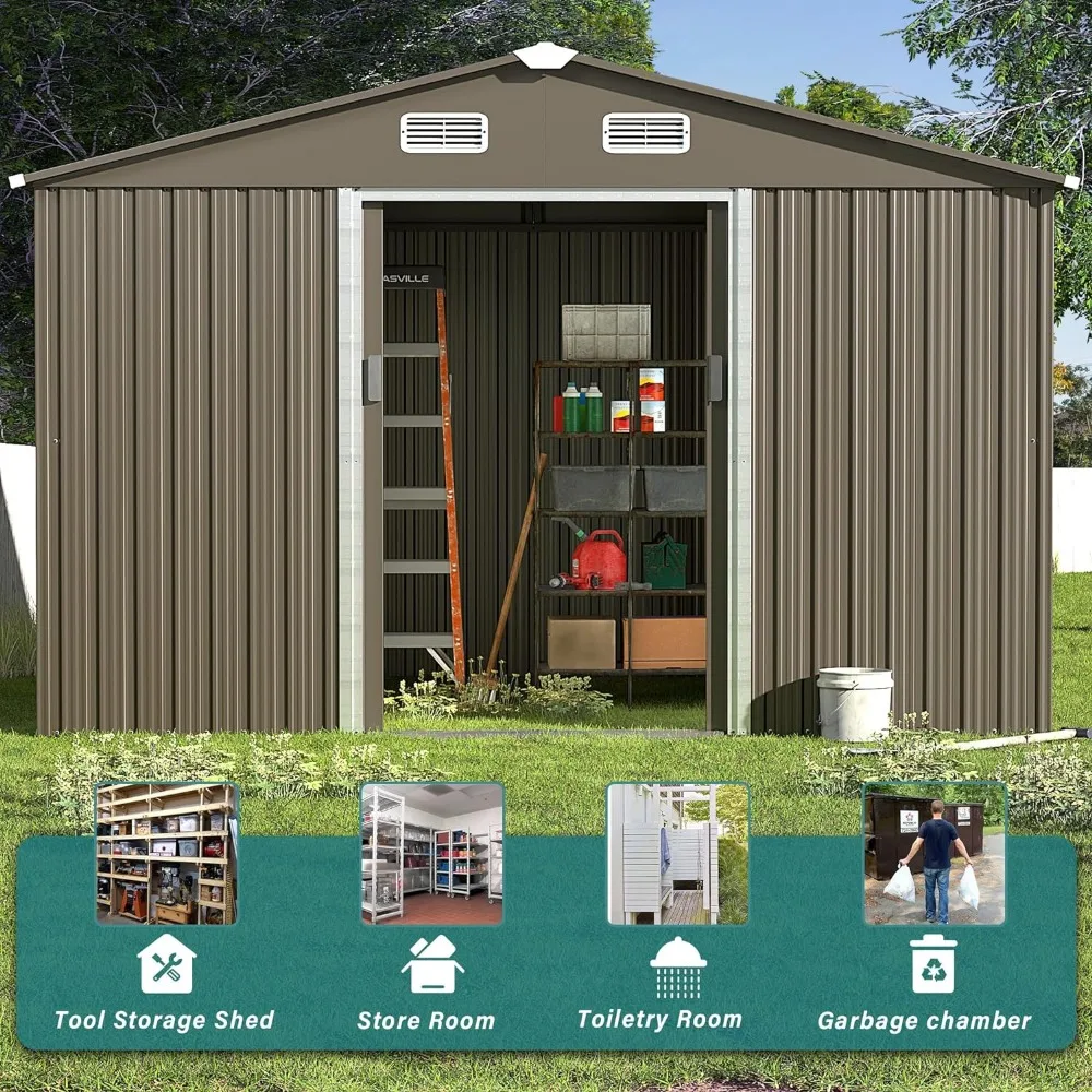 10 foot x 8 foot outdoor metal storage shed with lockable sliding doors and ventilation, designed for small houses in courtyards