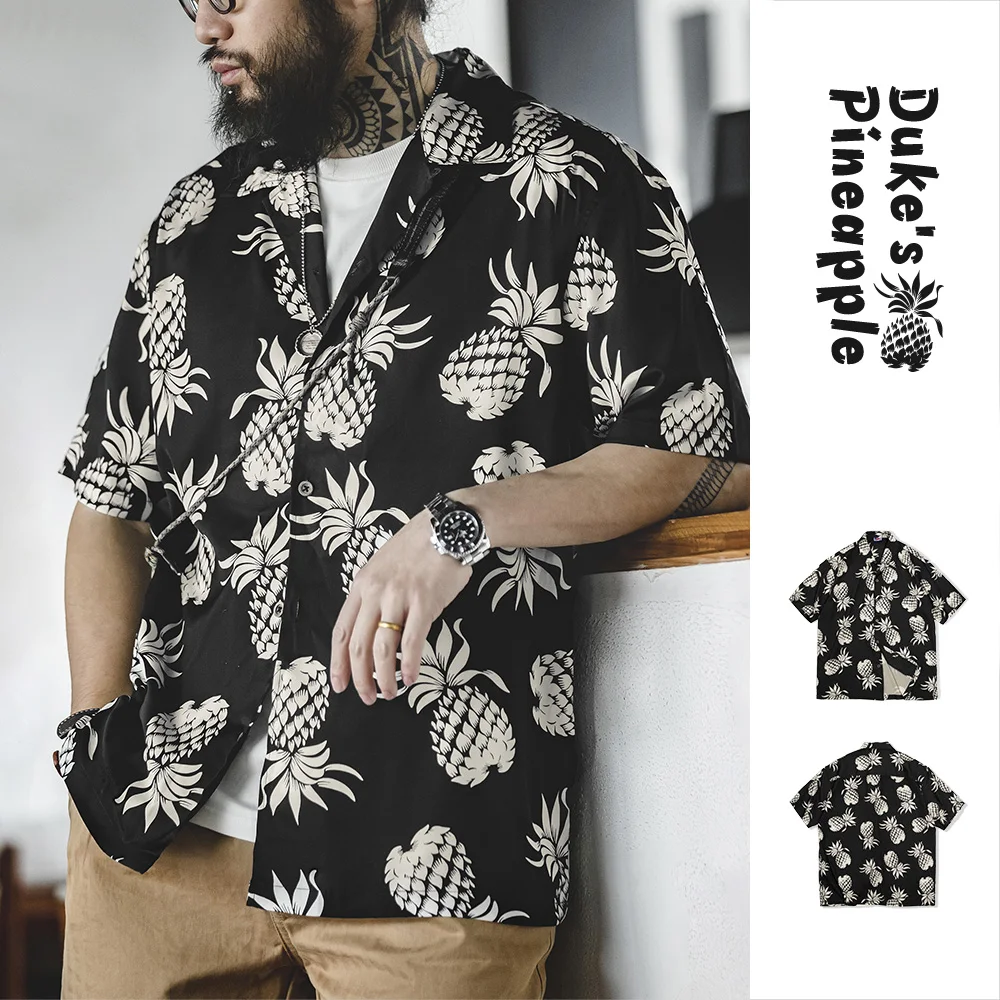 

Maden 2024 New American Retro Lapel Hawaiian Pineapple Shirt Short-sleeved with Beach Vacation Printed Blouse for Men's Tops