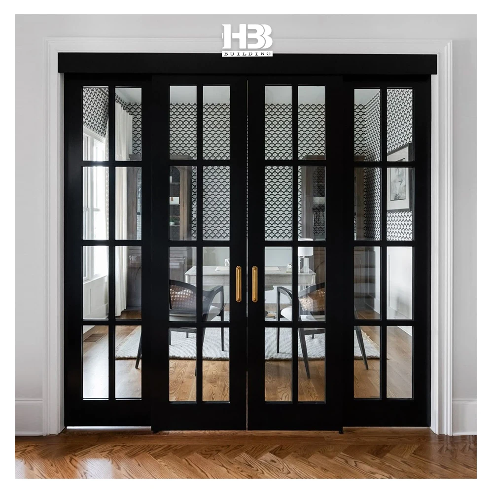 American Modern Design Double Sliding French Door Tempered Glass Solid Wooden Frame Black Finish for Interior House for Bedrooms