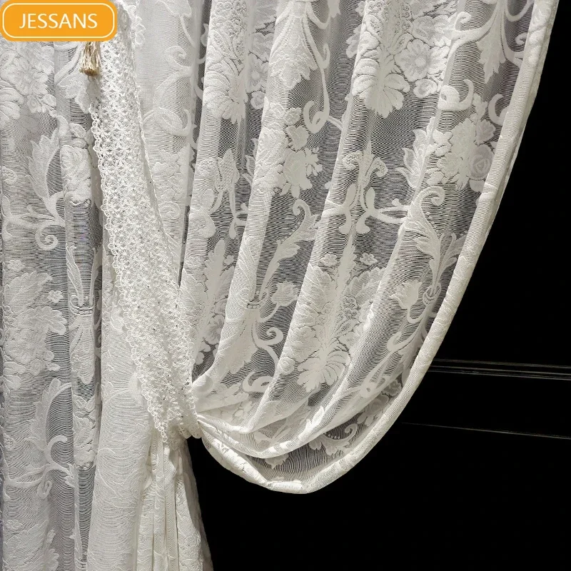 White Jacquard Gauze Curtains Lace Embroidery Curtains for Living Room Bedroom Floor Windows Floating Window Customised