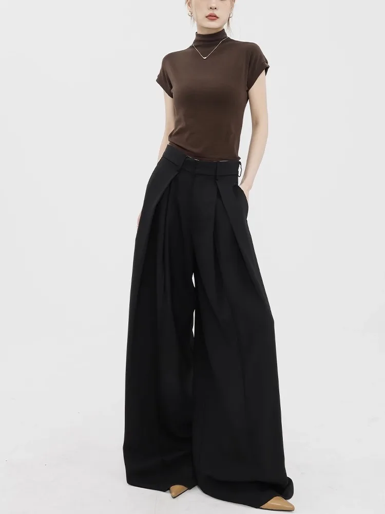 Women's Black Suit Pants, High Waisted, Draped Floor Mop, Casual Wide Leg Pants, Spring and Autumn Design