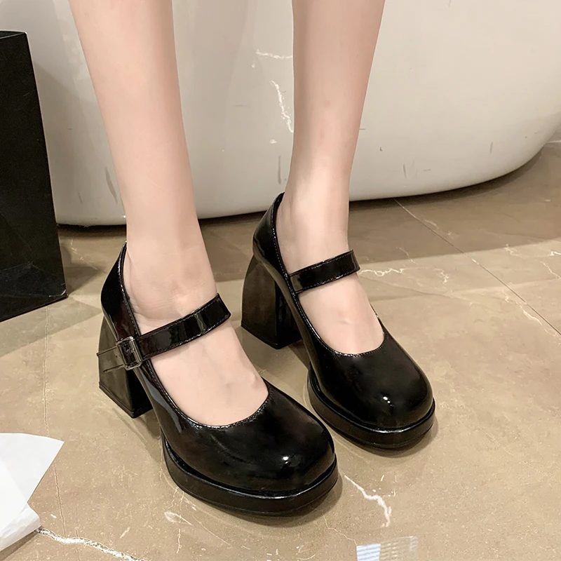 Fashion Ankle Buckle Square Heels Pumps Women Patent Leather Platform Mary Jane Shoes Woman Sexy Super High Heel Party Shoes