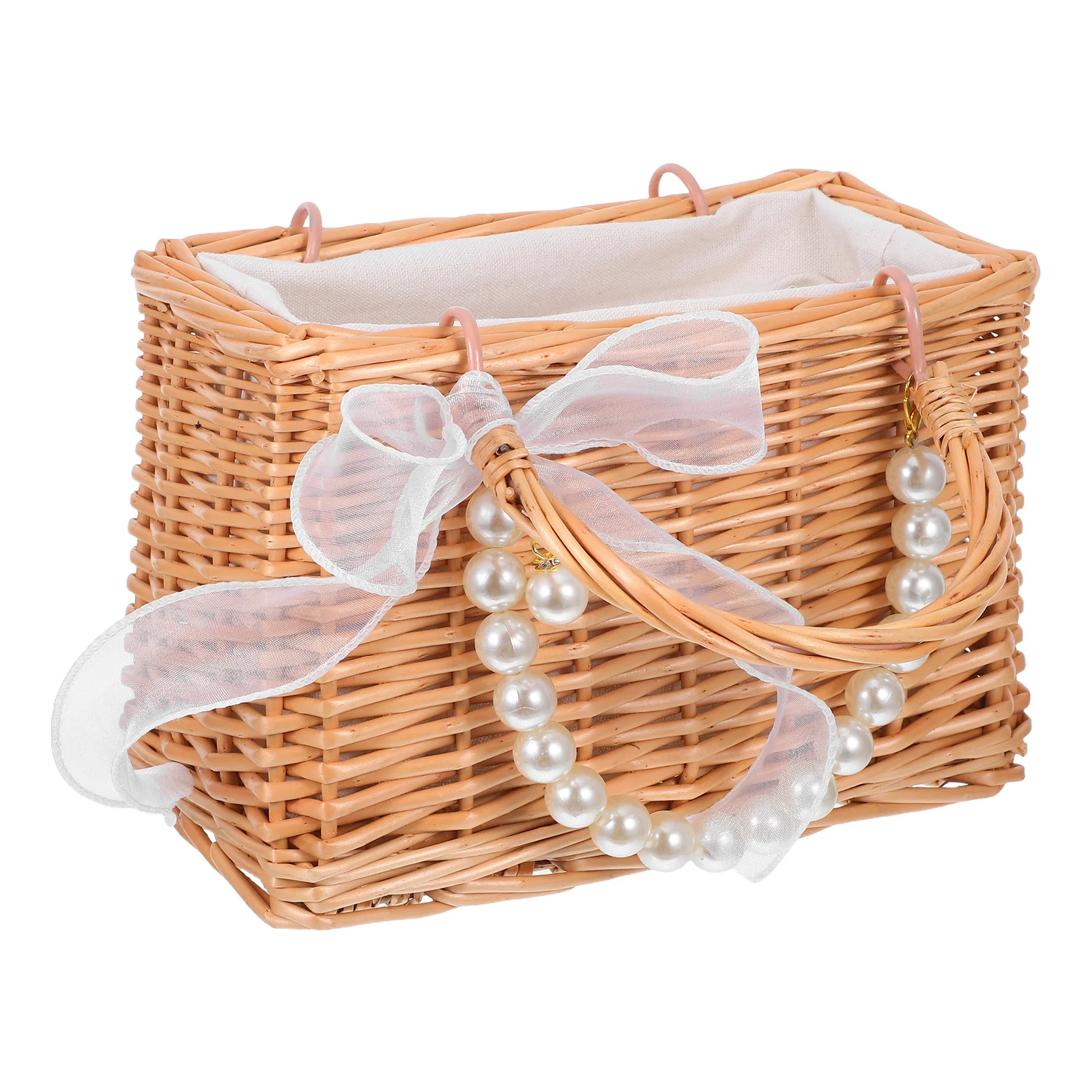 

Handmade Willow Pearl Flower Basket Ribbon Bow Decorative Wedding Flower Basket Small Woven Tote Home Holiday Storage