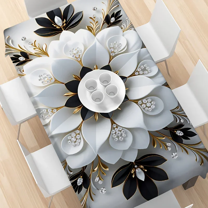 1 Stück luxuriöse schwarz-goldene Tischdecke mit Blumenmuster, rechteckige Tischdecke aus bedrucktem Polyester.PMJ – Detail 2