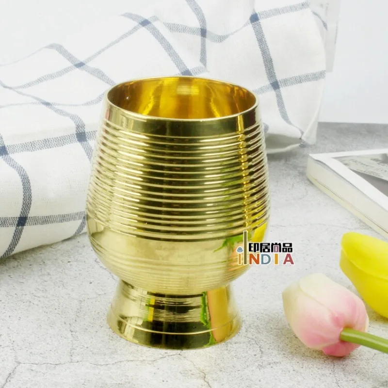 Ribbed Brass Goblet Cup 290ml Southeast Asian Style Metal Goblet Cocktail Milk Tea Cup Home Restaurant Tableware Mug