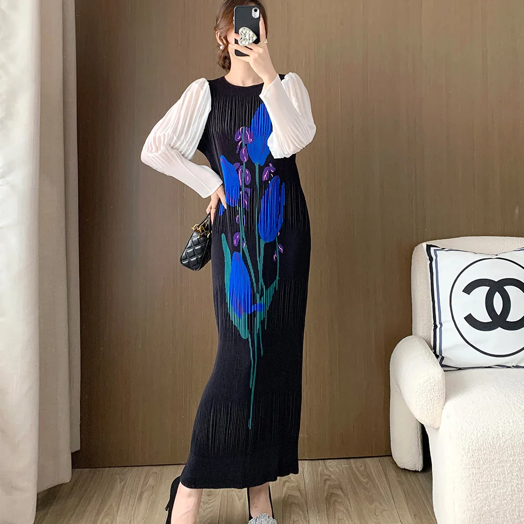 Ete-2025-nouveau-haut-de-gamme-plisse-imprime-protection-solaire-dr-grande-taille-femmes-longue-conception-sens-decontracte-vintage-sle-polyes