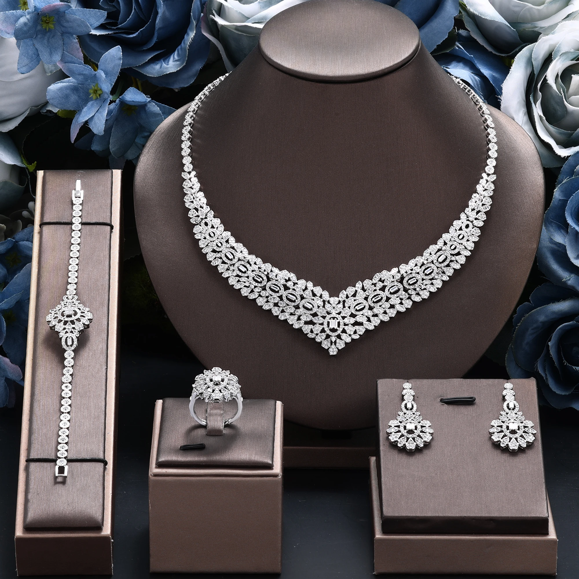 

Luxury White Cubic Zirconia Bridal Jewelry Set Brides Accessories Nigeria Dubai Necklace Earring 4pcs Set for Wedding Party