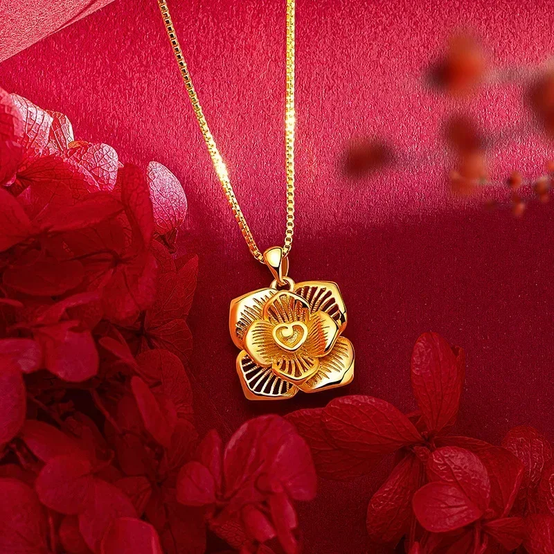

9999 Real Gold 24K Ethnic Style Flower Necklace Niche Love Stamen Four-petaled Flower Collarbone Necklace