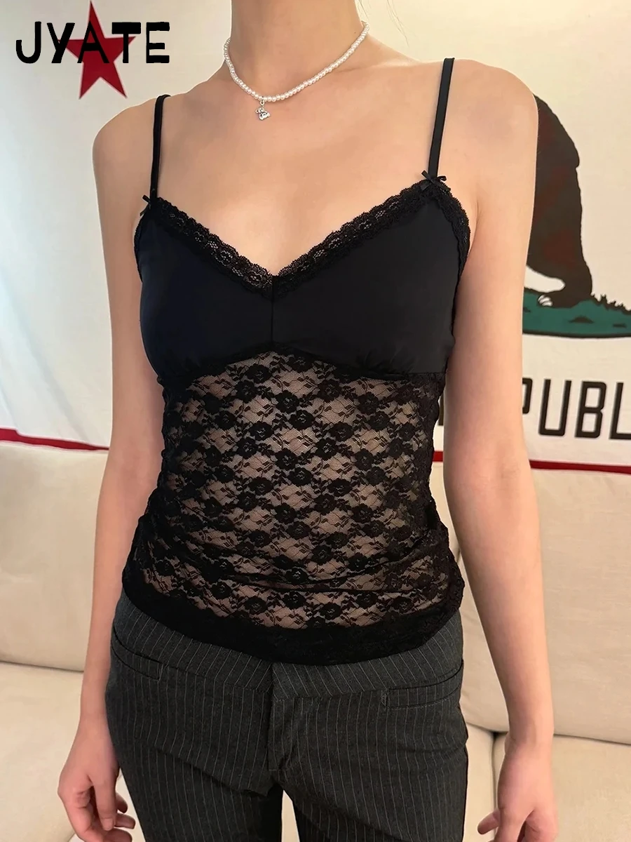 Black Lace Bow Transparent Bra Tank Tops Women Summer Streetwear Sleeveless V-Neck Thin Slim Vest Sweet Vintage Chic Camis Y2K
