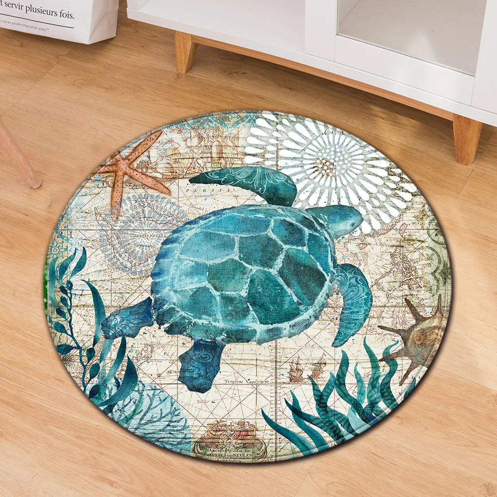 

Sea Turtle Living Room Area Rug Round Seahorse Octopus Whale Bedroom Carpet Rug Chair Mat Kids Play Rug Bathroom Mat Doormat