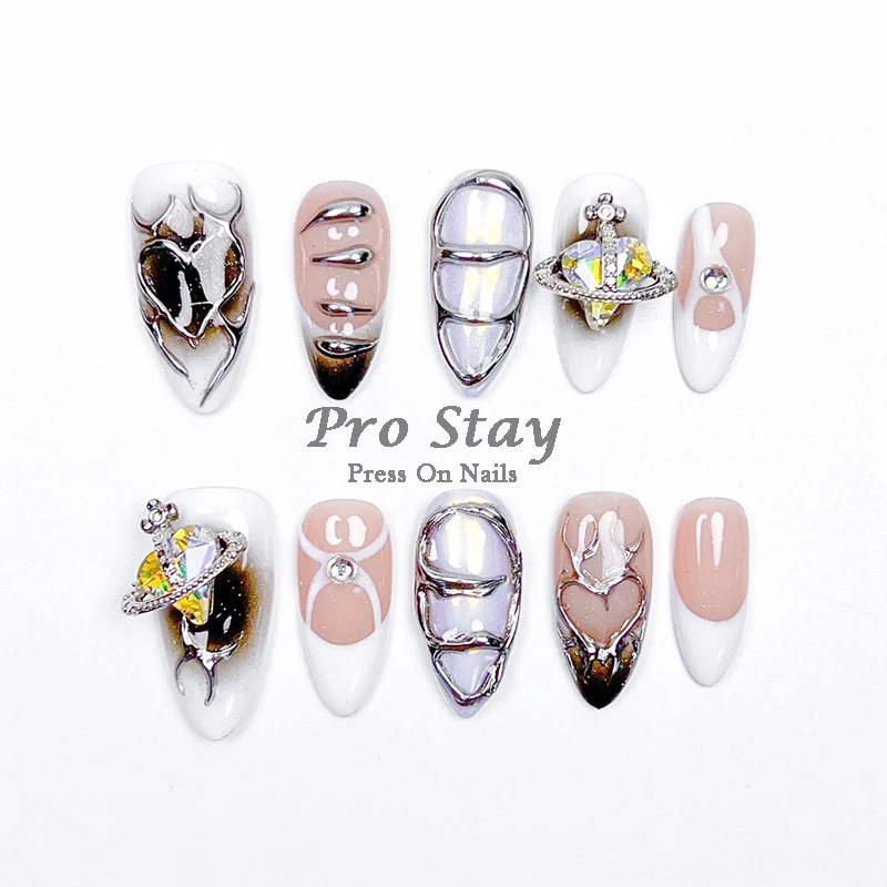 10pcs Long Trapezoid Stiletto Press on Nails Handmade Diamond Decoration Y2K Fashion Artificial False Nails