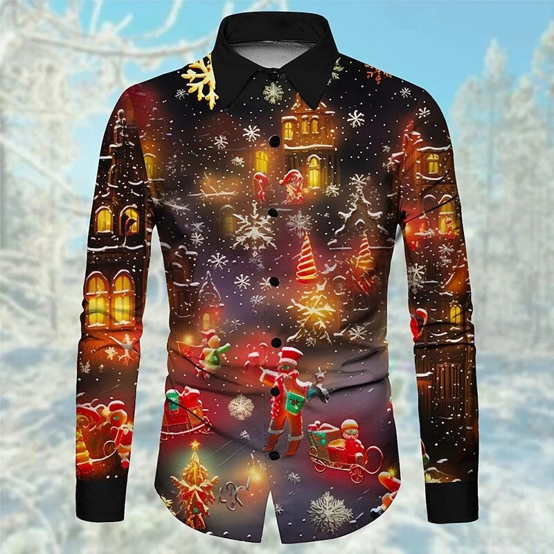 

New Christmas snowflake print men's long sleeved shirt New Year men's fashionable Christmas shirt casual men's top