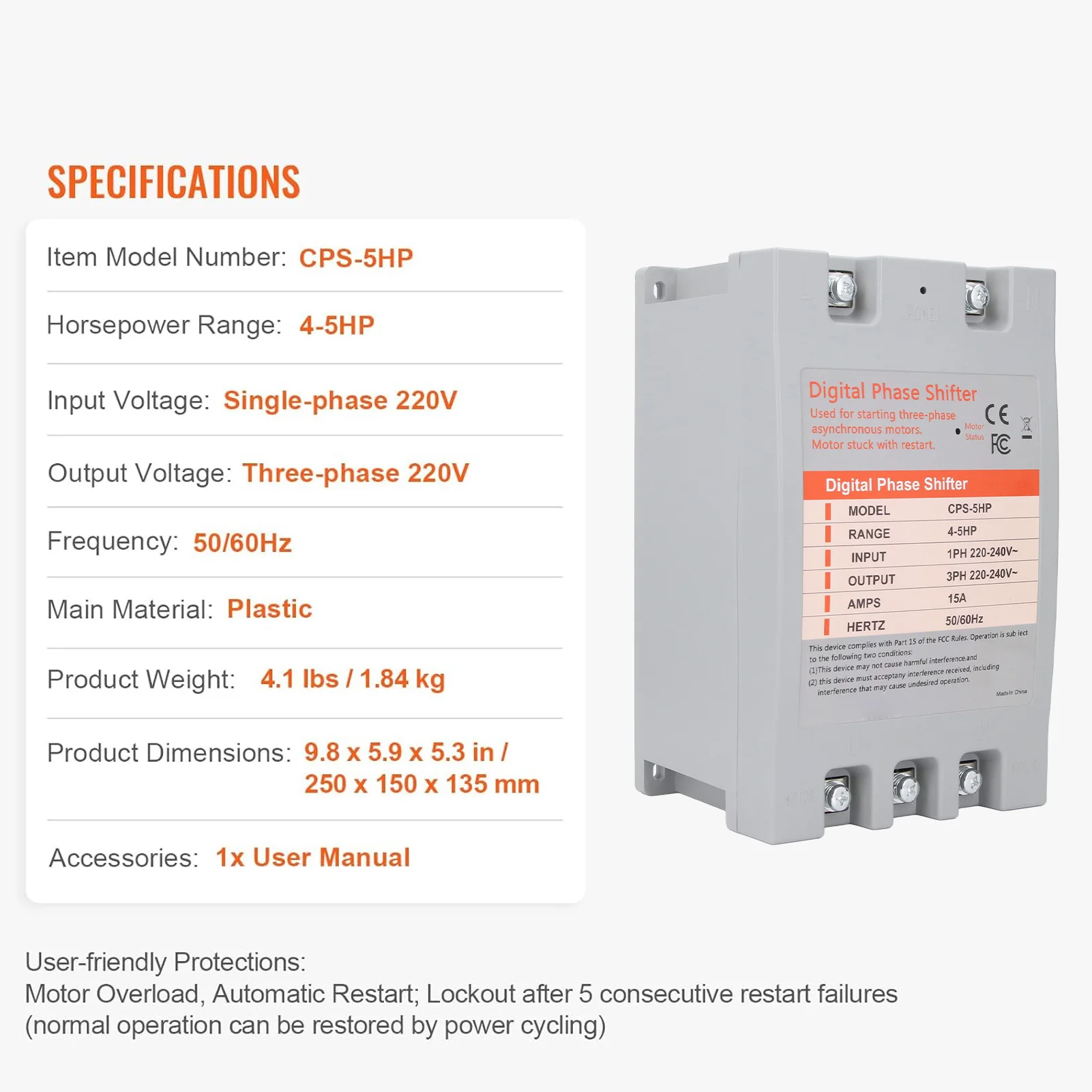 Digital Phase Shifter Single to 3 Phase Converter Digital Phase Converter 4 to 5 Horsepower 2.2 to 3.7kw 220‑240VAC