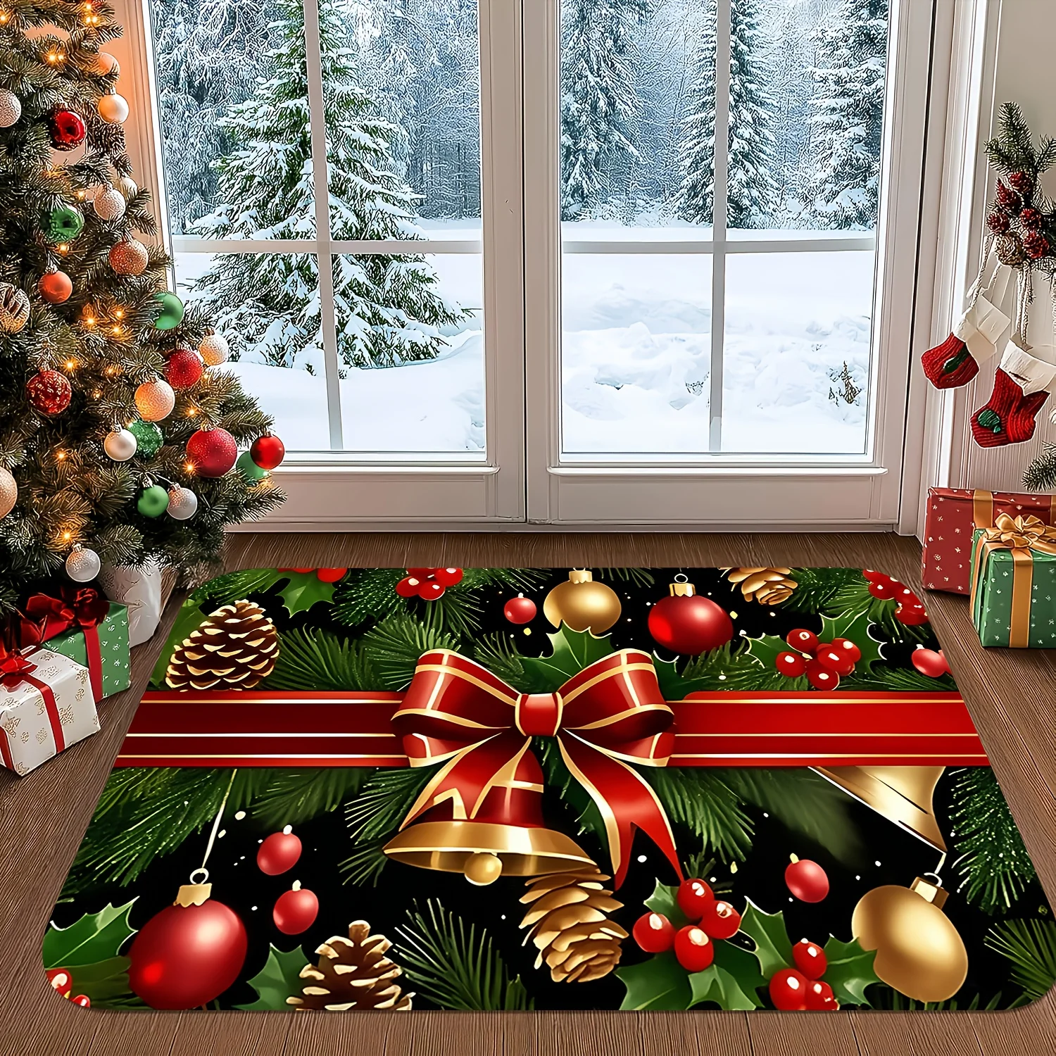 VIKAMA Christmas Doormat Non‑Slip Front Door Rug Washable Indoor Outdoor Xmas Bow Bell Pinecone Holiday Entrance Decor Mat Rug