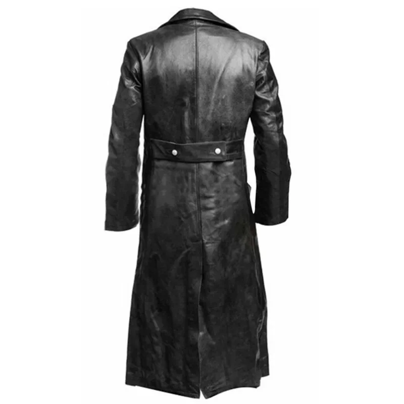 Male Vintage Long Leather Jacket Autumn Winter Medieval Pure Black Silver Color Outerwear Charming Windproof Men's Clothing