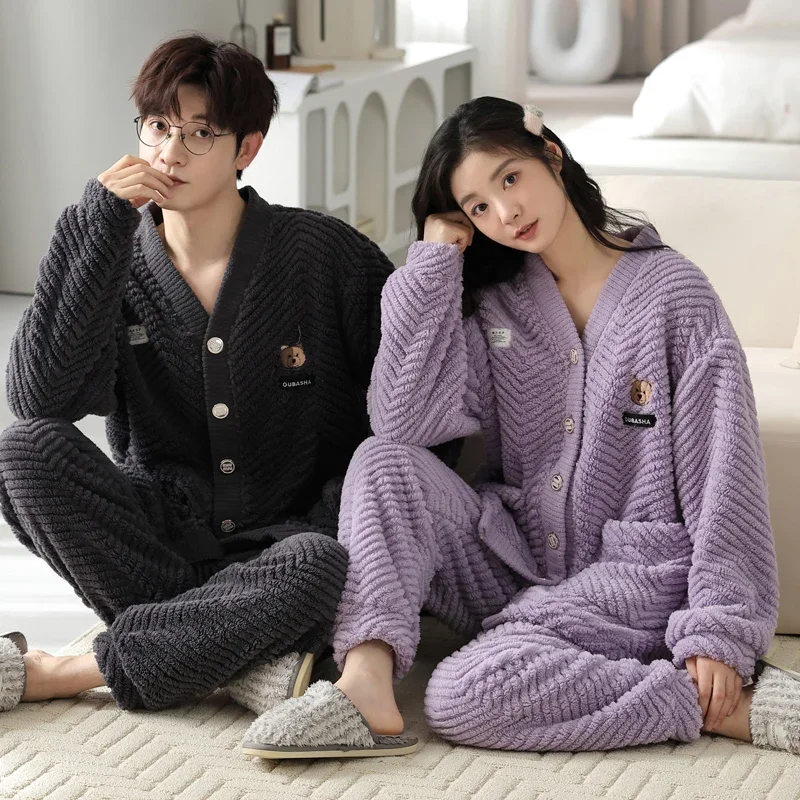 ญี่ปุ่นกิโมโนฤดูหนาว WARM ชุดนอนสําหรับคู่ผู้หญิงและผู้ชายจับคู่ Flannel Thicken ชุดนอนชุดเสื้อสเวตเตอร์ถักเสื้อผ้า Hombre