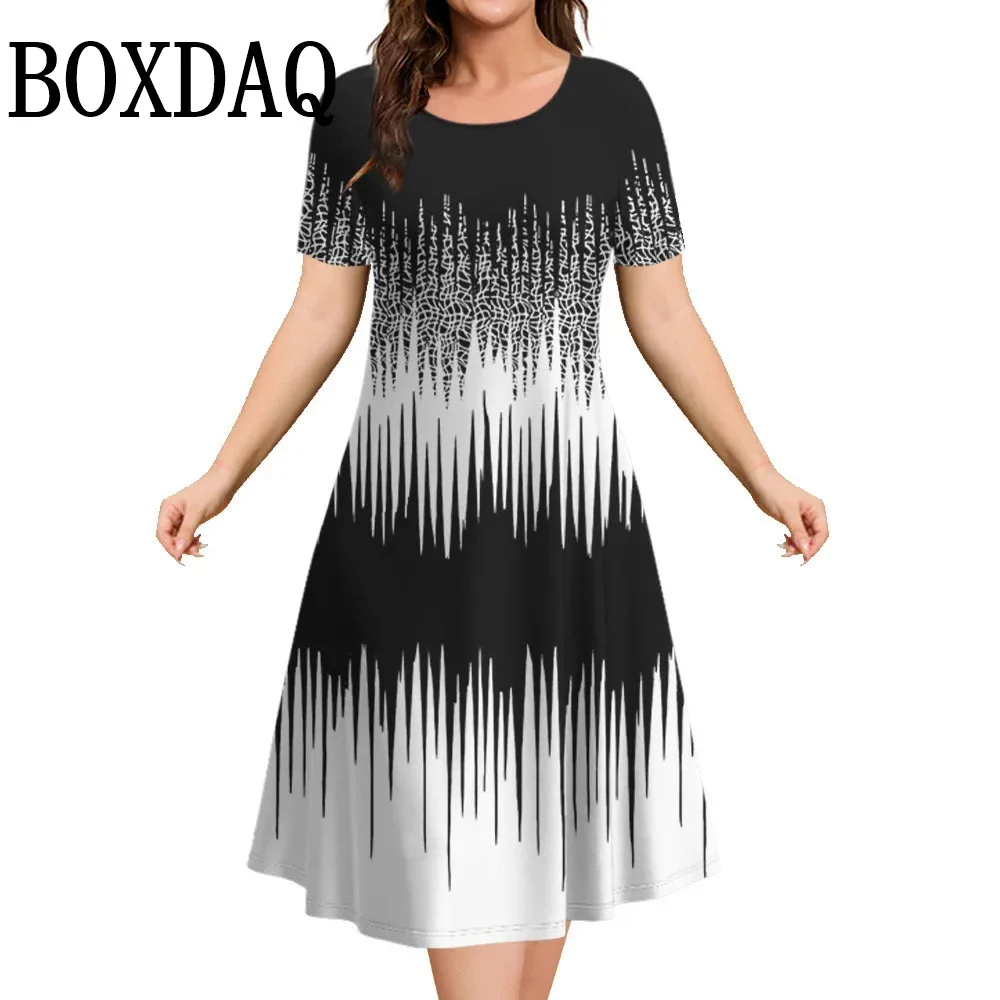 New Women's Dresses Striped Printed Elegant Casual O-Neck Short Sleeve Summer Dresses Fashion Ladies Plus Size Clothing Vestidos