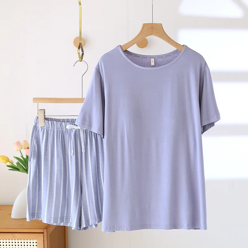 الصيف النساء مشروط منامة بلون قصيرة الأكمام البلوز مخطط السراويل ملابس خاصة الإناث 2 قطعة مجموعة ملابس النوم