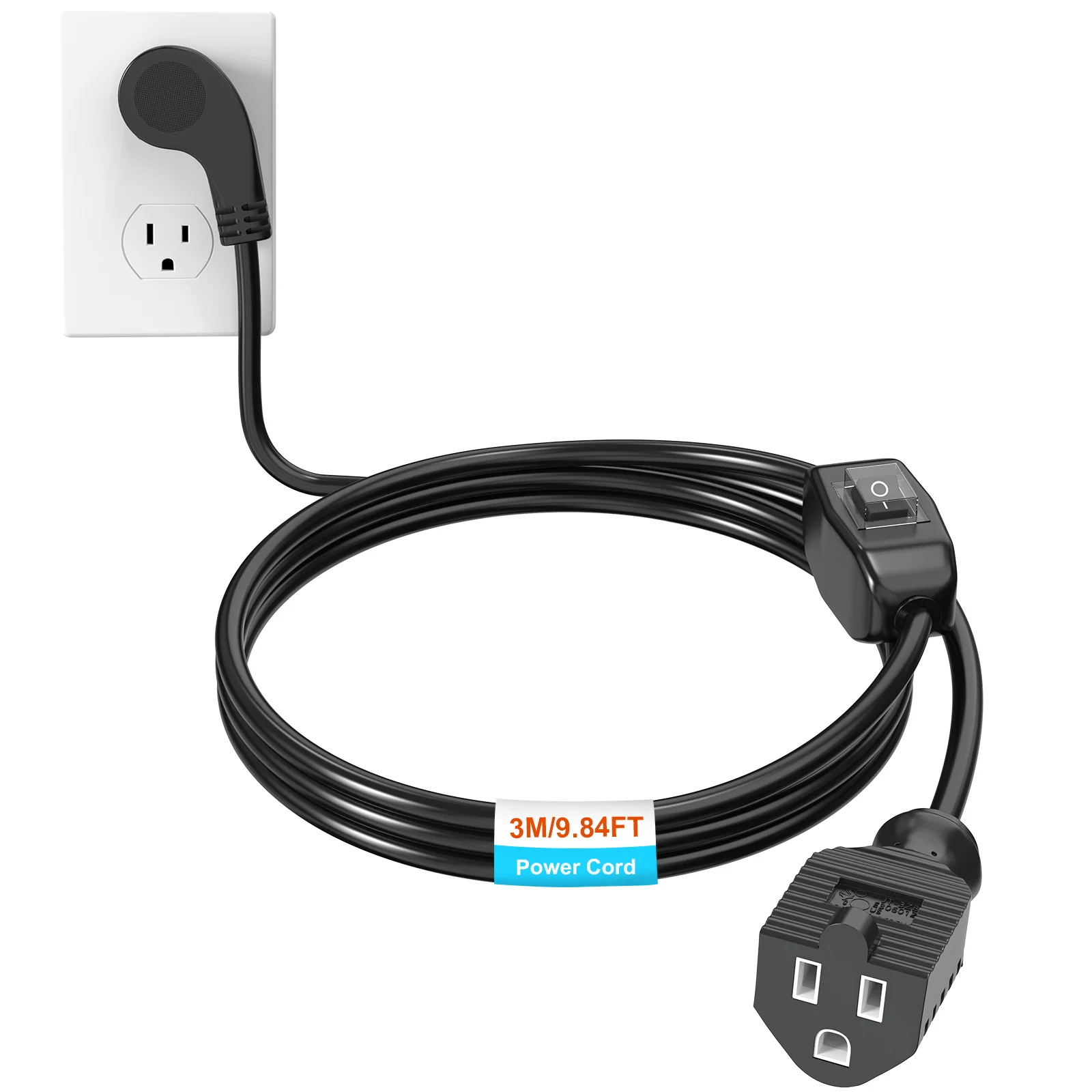 HITRENDS 9.84ft Extension Cord with On/Off Switch, Flat Plug Heavy Duty Power Cord 16AWG/13A 3 Prong Extension Power Cable