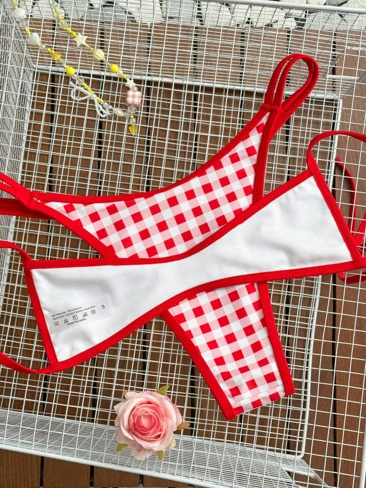 2026 Red White Gingham Checkered Two Piece Bikini Set Women Sexy Push Up Tummy Control Swimwear Beach Vacation Summer Swimsuit
