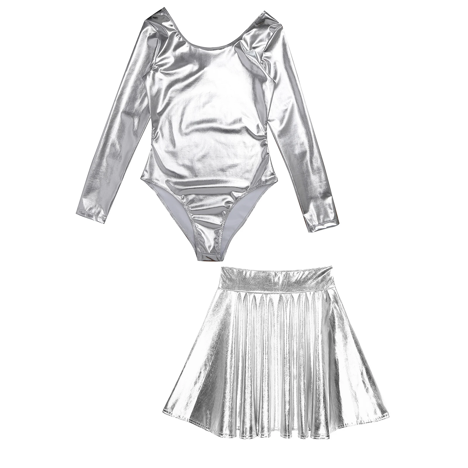 Wlwear-Costume de batterie à manches longues pour femmes, justaucorps avec jupe évasée taille haute, métallique brillant, festival de musique, phtalperformance