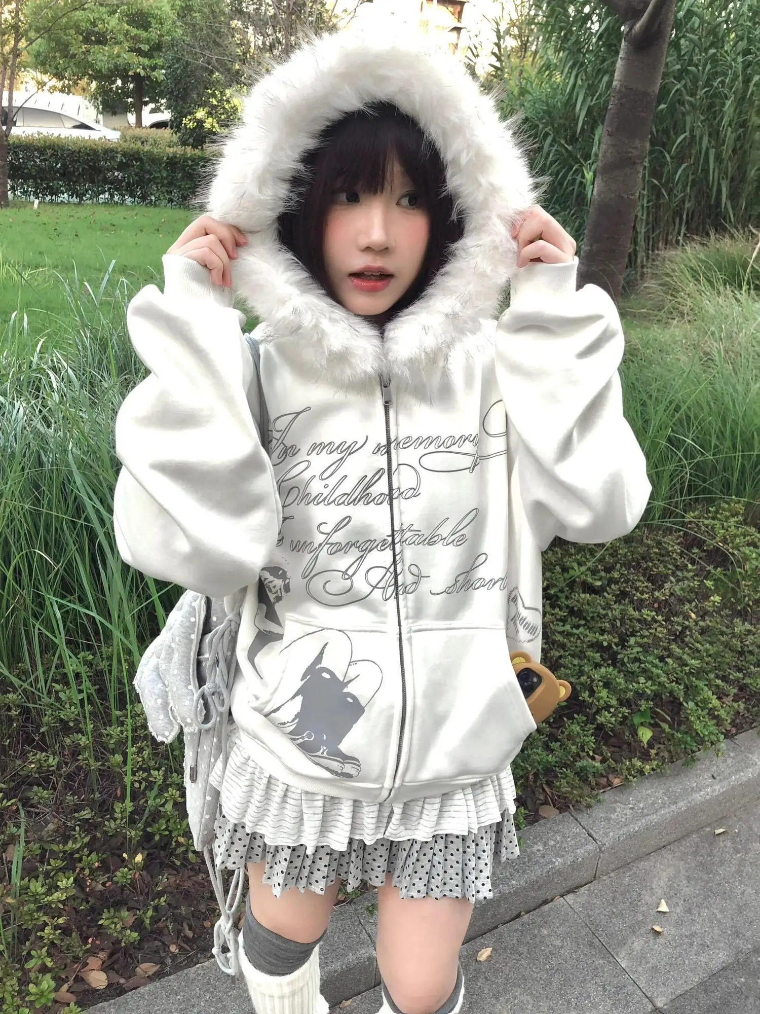 2026 Autumn Y2K Japan Kawai Women's Fur Hoodie Subculture Street Zipper Coat Cartoon Printed Long Sleeve Retro Gothic Sportswear