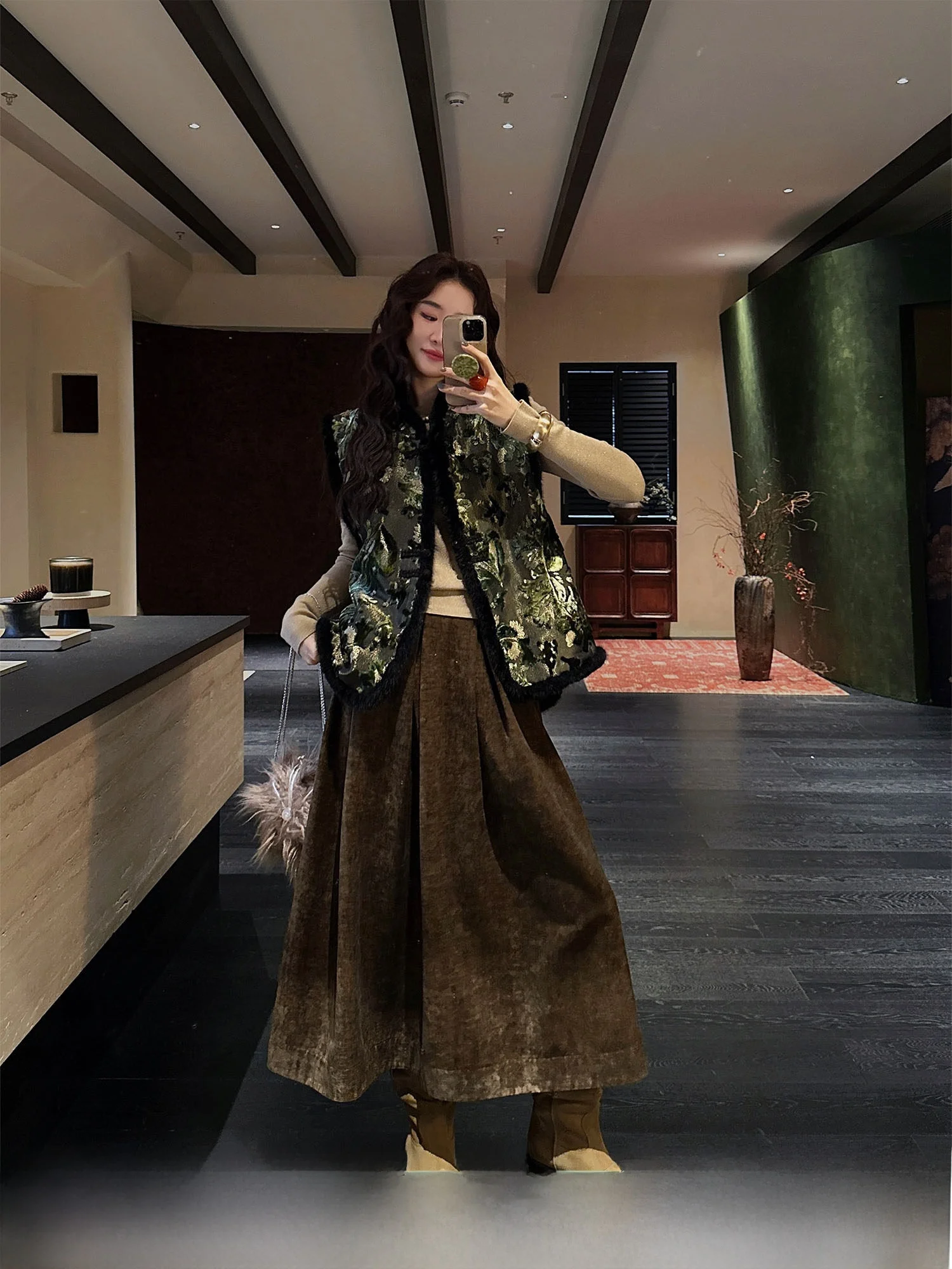 

Sanji Black Flower Retro Vintage Half-length Skirt A-line Long Dress Casual Commute Style Polyester Fiber Winter New Arrival