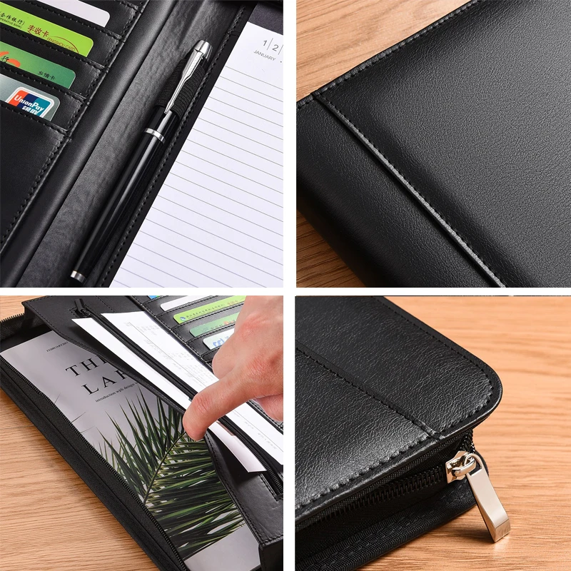 Black A4 Leather Multifunctional Conference Portfolio Folder Zippered Document Organizer Executive Briefcase for Office Use