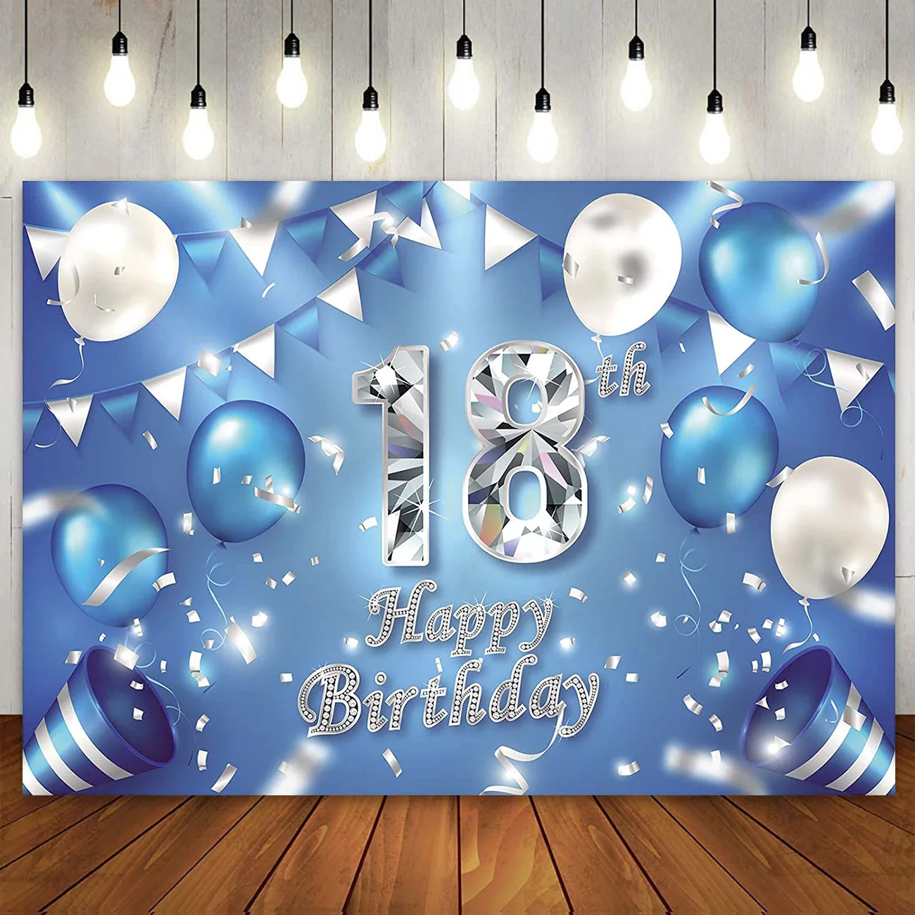 

Happy 18th Birthday Backdrop 18 Years Old Party Decoration Banner Blue Silver Balloon Photography Background for Girl Boy Custom