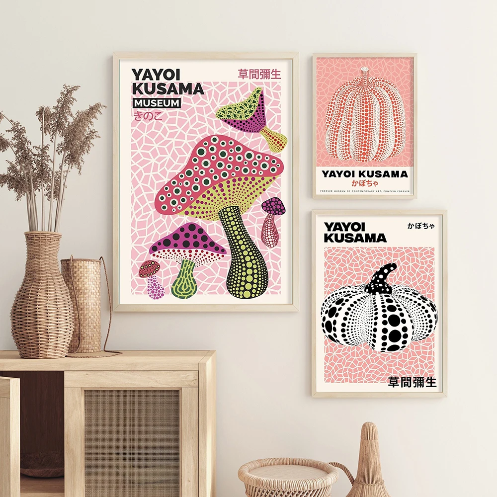 

Yayoi Kusama Exhibition Poster Mushrooms Pumpkin Print Wall Decoration Japanese Vintage Canvas Painting Home Decor