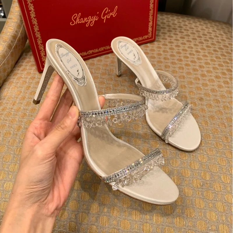 2025 Summer New Sexy Women Sandals Thin Heel Rhinestone High Heels Open Toe Backless Slippers Fairy Style image 3