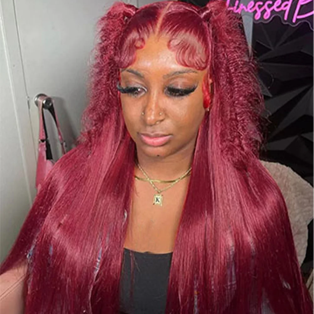 

99J Burgundy Colored Lace Frontal Human Hair Wig 13x6 13x4 HD Straight Lace Front Wig 200 Density Preplucked Red Human Hair Wigs