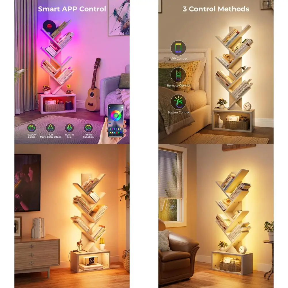 

6-уровневая книжная полка с подсветкой, органайзер для хранения со светодиодной подсветкой, угловой книжный шкаф для гостиных и домашних офисов, белый