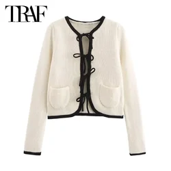 TRAF Tied Open Cropped Cardigan Women Knitted Short Sweaters Cardigans for Women Long Sleeve Knitwears Women Fall Cardigan Women