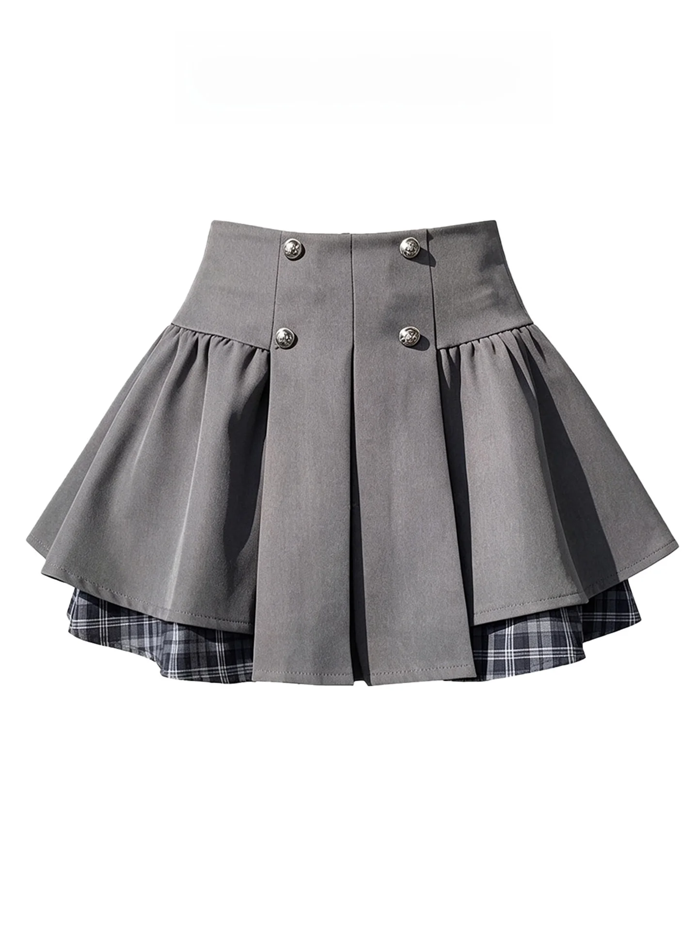 Gray Plaid A-Line  Skirt Women's Autumn Design Sense Pleated Half Body Suit Casual Breathable No Filling Teenager mid Waist
