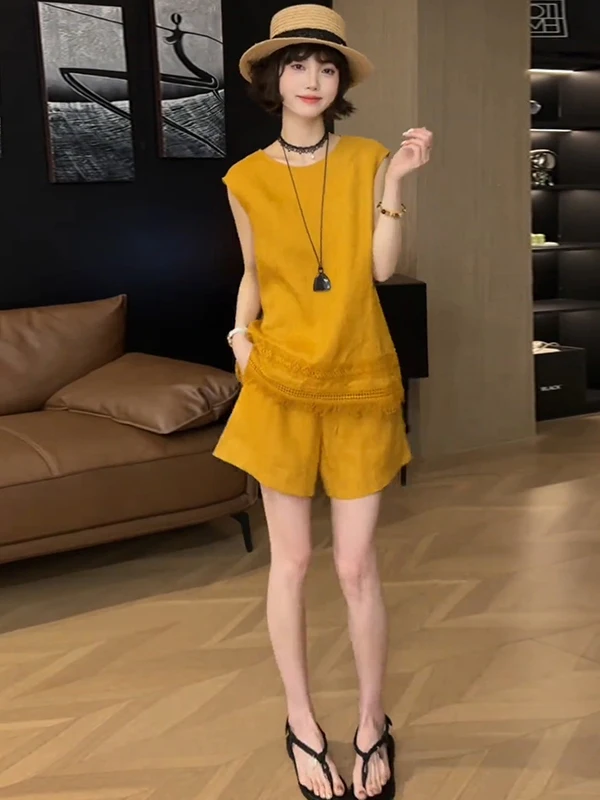 

Casual Fashion Set Women's Summer Trendy Yellow Tassel Sleeveless Top Shorts Two-Piece Set Cotton round Neck Pullover