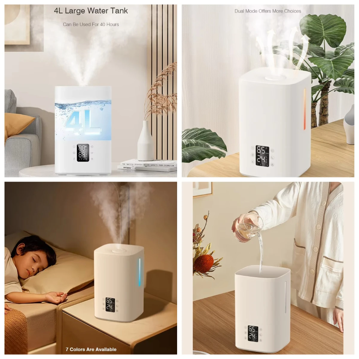 

4L Smart Ultrasonic Humidifier, Cool & Warm Mist Heated Steam, Tuya App Control with LED Light for Baby Bedroom