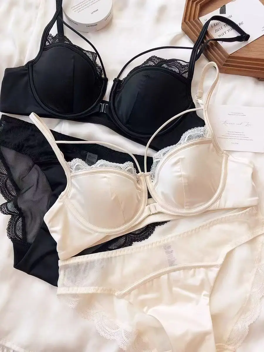 الفرنسية الساتان الدانتيل الجبهة زر صغير الصدر مجموعة الملابس الداخلية رقيقة غير فارغة كوب لينة الصلب حلقة النمل الترهل نصف كوب الصدرية