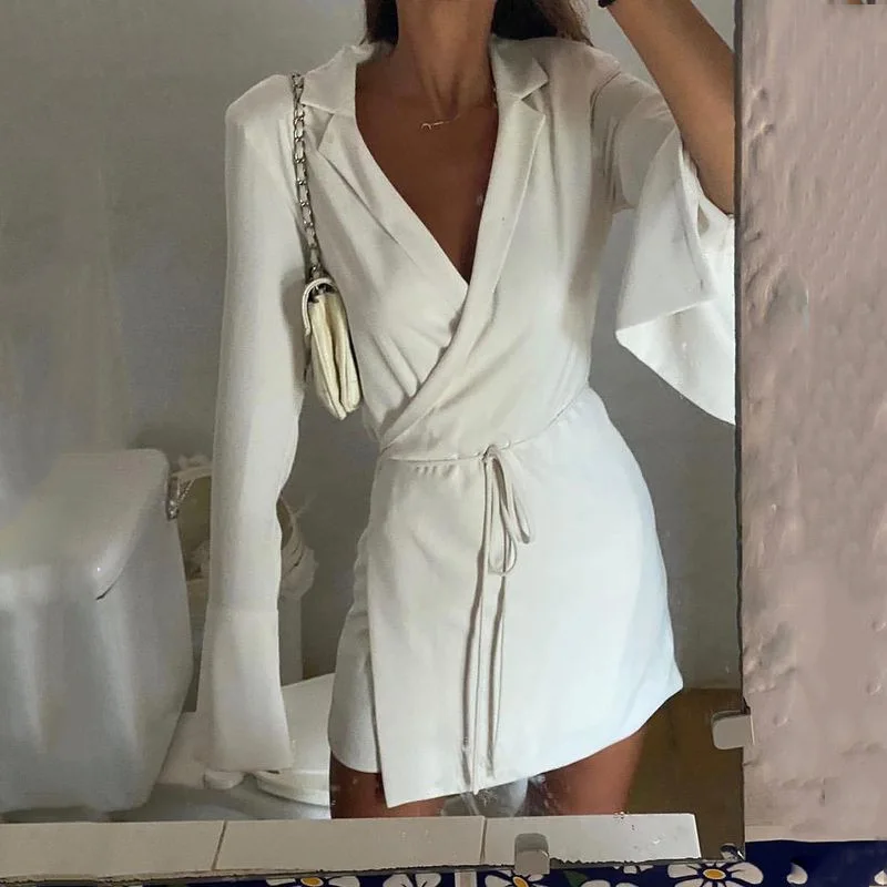 Niche Design minimalistische dames sexy diepe V lange mouw stropdas taille elegante korte jurk