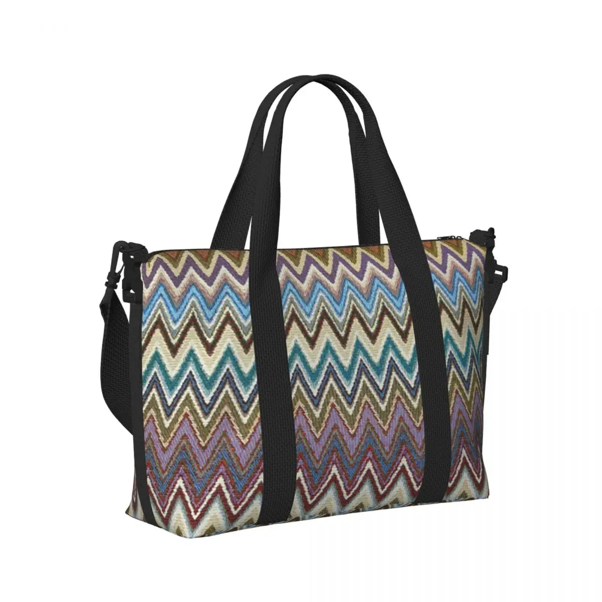 Tas Tote Perjalanan Pantai Multiwarna Geometris Zigzag Modern Boho Chic untuk Tas Bahu Duffel Belanja Wanita Olahraga Gym