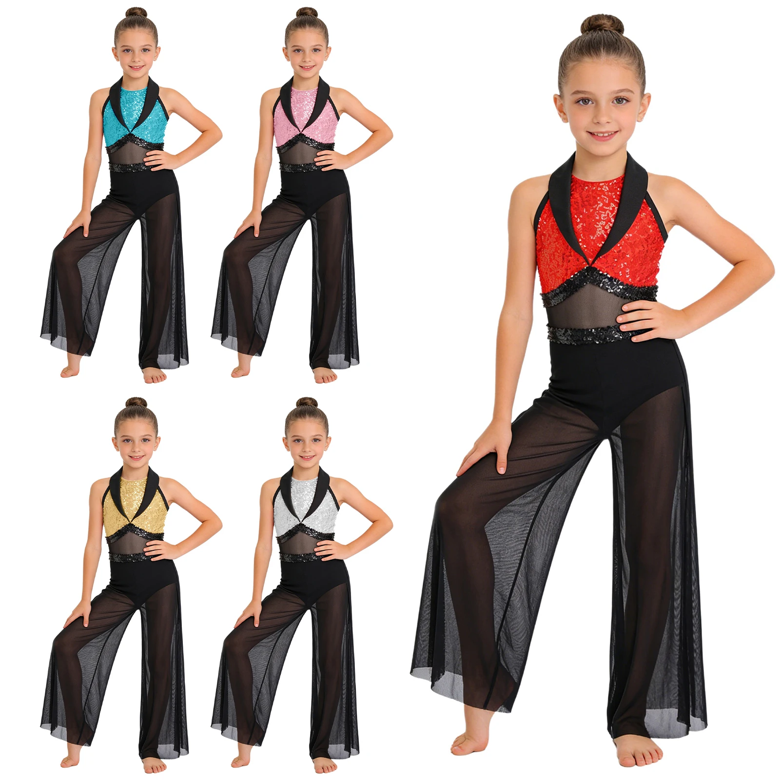 Macacão de Dança Jazz para Meninas, Sem Mangas, com Lantejoulas Brilhantes, Malha, Calças Largas, Body com Calcinha Embutida, Moda Hip Hop e Dança Mod