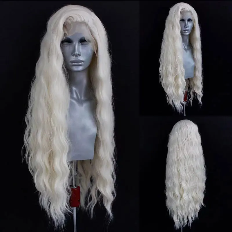 White Color #60 Water Wave Synthetic 13x4 Lace Front Wigs High Quality Heat Resistant Fiber Hair Free Parting For Women Cosplay