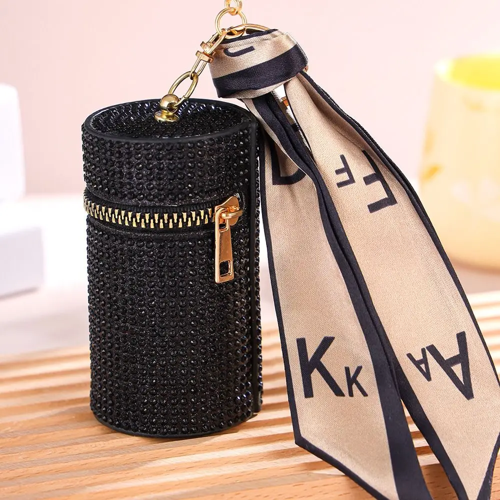 Trendy Mini Rhinestone PU Lipstick Bag with Silk Scarf Keychain Women Portable Zipper Coin Purse Coin Bag Cylindrical Stylish