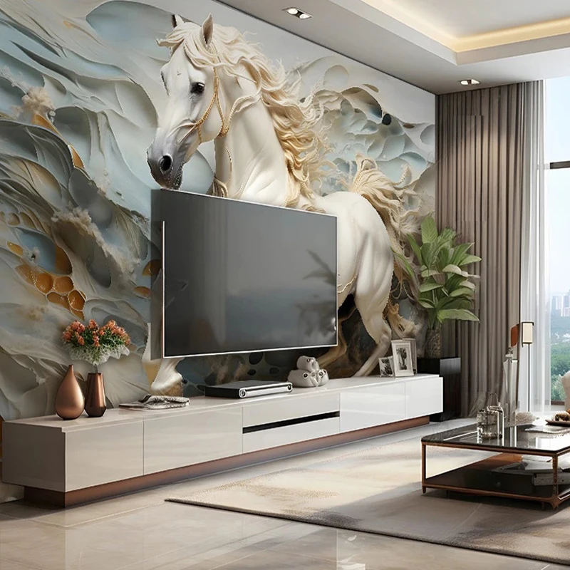 Photo Wallpaper Modern White Horse Stone Relief Living Room Bedroom Background Wall Painting Home Decor Papel De Parede 3 D