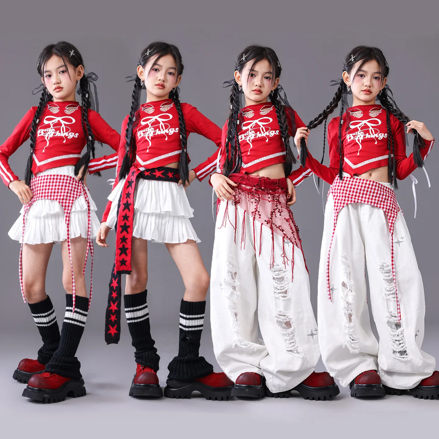

Детская одежда в стиле хип-хоп Kpop, красная укороченная футболка с воротником-стойкой, белая многослойная плиссированная юбка, рваные штаны со звездами для девочек, танцевальные костюмы, одежда